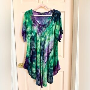 Green and purple greater good dress